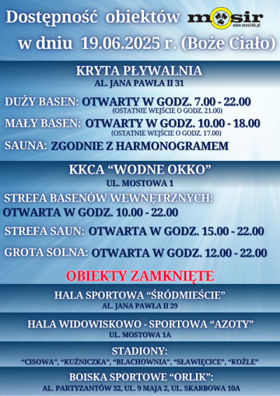Dostępność obiektów MOSIR - 19.06.2025 r.
